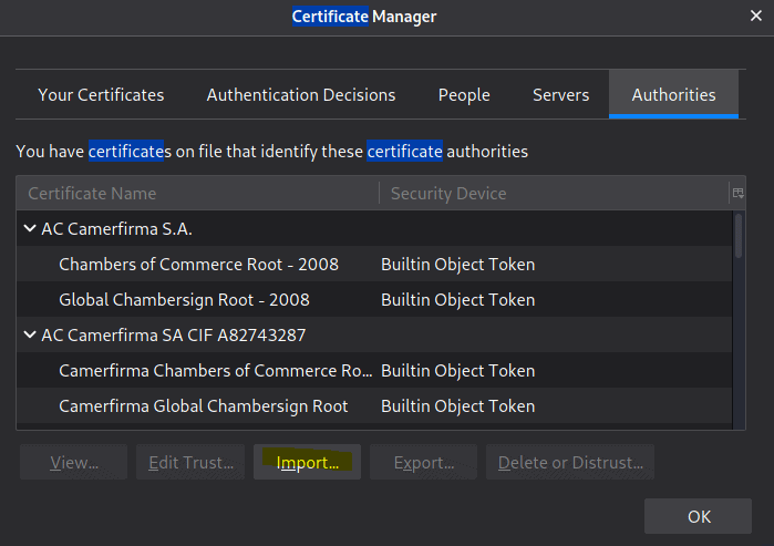 Import certificate on firefox