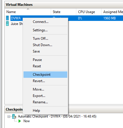 Checkpoint hyperv dvwa