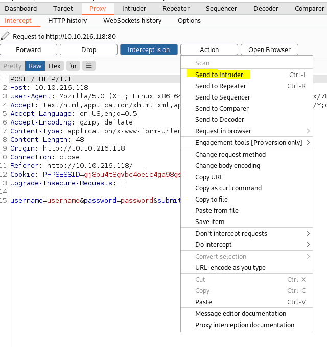 Burp suite send to intruder